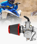 Carburetor Kit For Taotao And Coolster 50cc To 125cc Chinese ATVs with red air filter, shown in front of an ATV rider
