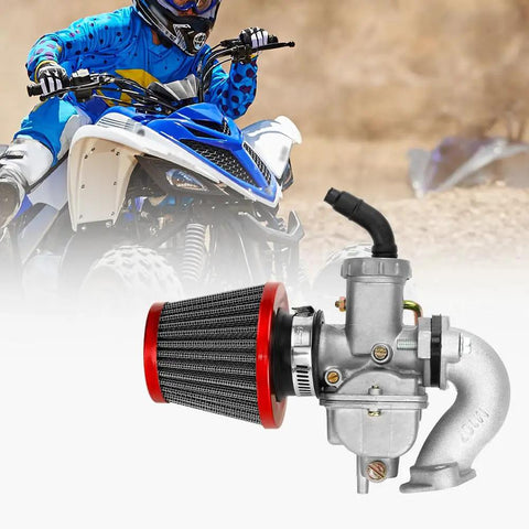 Carburetor Kit For Taotao And Coolster 50cc To 125cc Chinese ATVs with red air filter, shown in front of an ATV rider