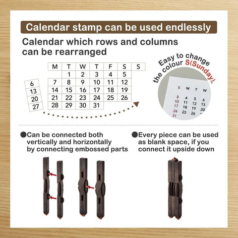 Instructional image showing features of Straight Up Game Changing Perpetual Calendar Stamp Set with rearrangement tips.