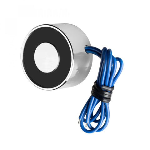 12V DC Electric Lifting Magnet Workhorse With 180N Peak Force Compact Solenoid Electromagnet For Lifting And Holding Small Parts 135N Holding Force Durable Iron Build 24 Cm Wire silver and black design with coiled blue wire
