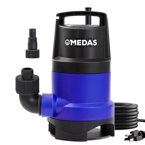 Blue and black 1HP 3434 GPH Submersible Sump Pump for clean or dirty water with 16 foot cord and attachments.