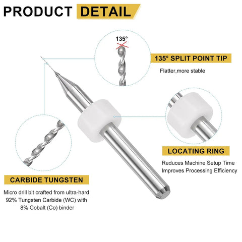 Micro Drill Bit Set 0.1mm To 3mm In 30 Pcs, Tungsten Carbide Bits with diagram highlighting 135-degree point and locating ring