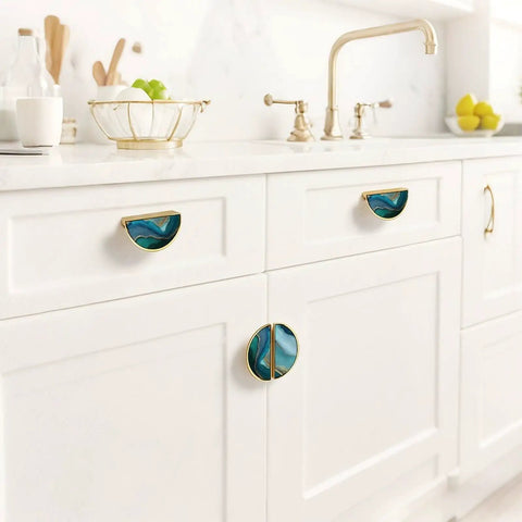 2 Pack Teal Blue And Gold Fluid Art Cabinet Pulls With 3 Inch Center Hole on white kitchen cabinets