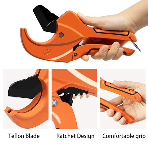 Ratcheting Pipe Cutter For PVC PEX PPR And Plastic Hoses with SK5 Stainless Steel Blades in hand, highlighting features