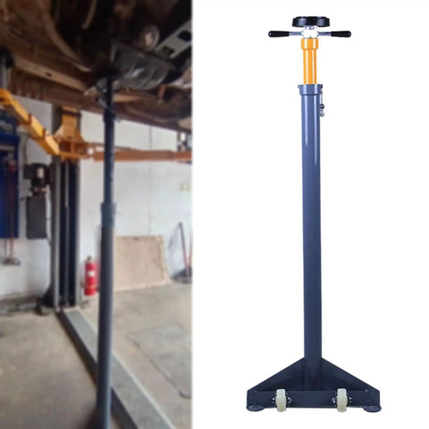 Heavy Duty Under Hoist Jack Stand Adjustable Foldable Engine Support For Big Rigs And Trucks shown in garage with adjustable height and sturdy base.