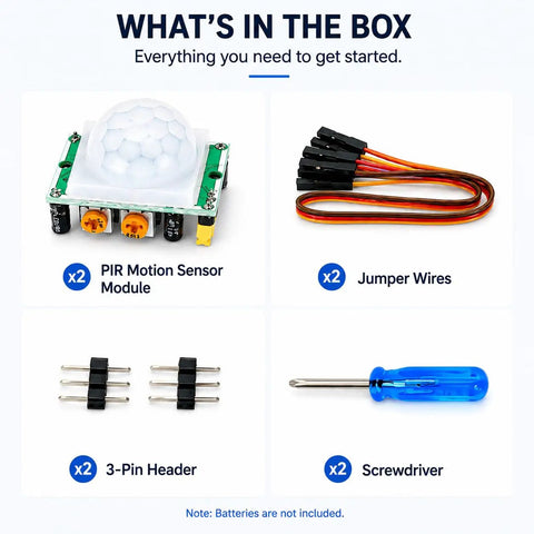 Two Pack PIR Motion Sensor Module With Adjustable Sensitivity And Delay For Your Arduino Setups 5V DC Green PCB Detects Human Motion Up To Seven Meters At A 110 Degree Field Of View For Indoor Lighting And Security.