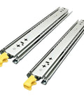 Heavy Duty Drawer Slides With Soft Close Full Extension Rails Three Fold Ball Bearing Tracks Locking Design For Fully Open Or Closed Tough As Nails Cold Rolled Steel 300mm 12in Pair, top view of 300mm cold-rolled steel with yellow locking mechanism
