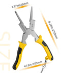 8-Inch MIG Welding Pliers With Retention Chain And Ergonomic Handle For Welding, Electrical, Mechanical Maintenance And DIY Projects, Heavy-Duty High-Carbon Steel, HRC60 Strength, Spring-Return Grip, Handy, No-Nonsense Pro-Grade Tool with yellow handle dimensions shown