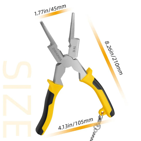 8-Inch MIG Welding Pliers With Retention Chain And Ergonomic Handle For Welding, Electrical, Mechanical Maintenance And DIY Projects, Heavy-Duty High-Carbon Steel, HRC60 Strength, Spring-Return Grip, Handy, No-Nonsense Pro-Grade Tool with yellow handle dimensions shown
