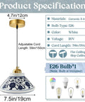 SIMEESO Ceramic Pendant Light with specifications, showing ceramic shade, gold accents, and adjustable cord length.