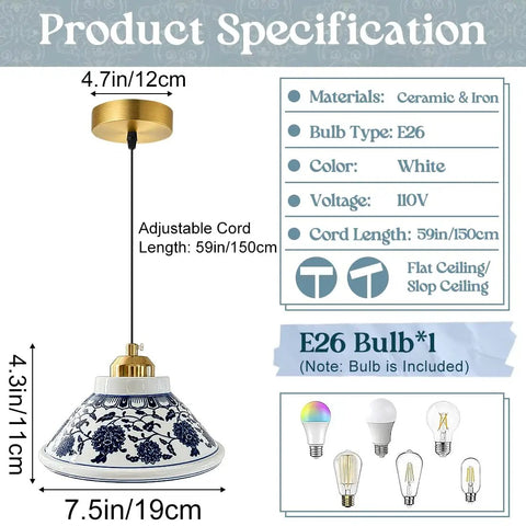 SIMEESO Ceramic Pendant Light with specifications, showing ceramic shade, gold accents, and adjustable cord length.