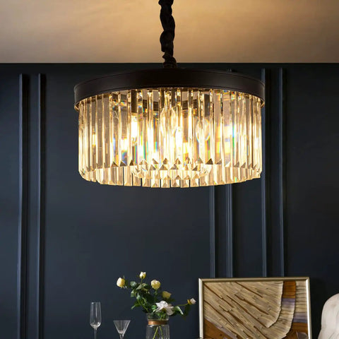 Black Crystal Chandelier Pendant Lighting, 2 Tier Modern Round Ceiling Fixture with adjustable height chain in dining room