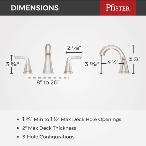 Dimensions of 8 Inch Widespread Bathroom Sink Faucet With Three Holes And Two Handles Brushed Nickel Finish Push And Seal Drain NSF Certified Spot Defense Vanity Faucet.
