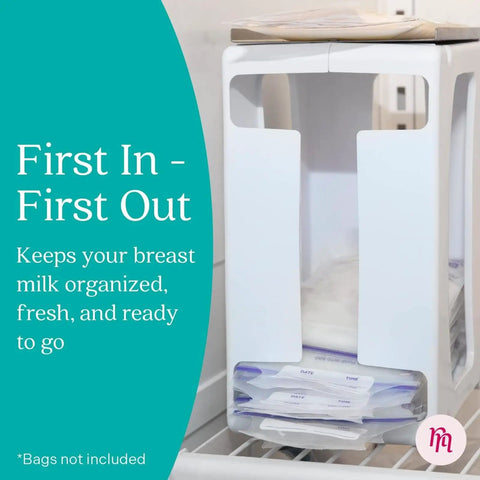 Heavy Duty Breast Milk Storage Tower And Freezer Organizer Rack For New Moms holding flat milk bags, encouraging FIFO setup.