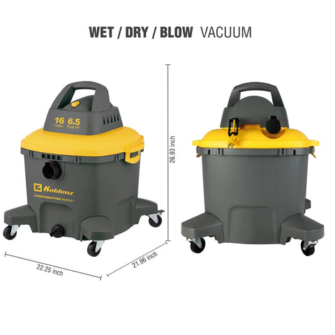 Contractor Series Pro Wet Dry Vac For Heavy Duty Jobsite Cleanup Sixteen Gallon Workhorse Six Point Five Peak HP Shop Vacuum with wheels