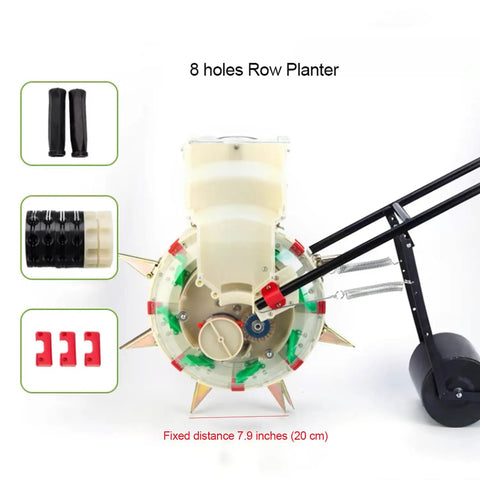 No Bending Over Hand Push Seeder For Garden Beds And Lawns Semi Automatic Planter with 8 holes and components view.