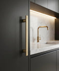 Dope Champagne Bronze Zinc Alloy Cabinet Handles 5 Inch Hole Center Striped Decor Cabinet Pulls For Kitchen And Bedroom Pack Of 6 With Backplates And Mounting Screws, installed on a dark cabinet.