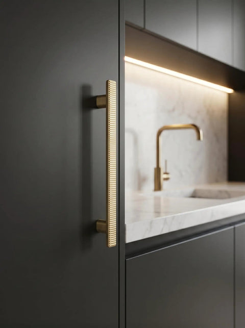 Dope Champagne Bronze Zinc Alloy Cabinet Handles 5 Inch Hole Center Striped Decor Cabinet Pulls For Kitchen And Bedroom Pack Of 6 With Backplates And Mounting Screws, installed on a dark cabinet.