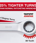 Close-up of 24 mm TightSpot Ratchet Wrench with 4-degree turns, 89-tooth design, for tight metric spaces in hardened polished steel.