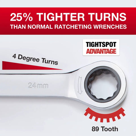 Close-up of 24 mm TightSpot Ratchet Wrench with 4-degree turns, 89-tooth design, for tight metric spaces in hardened polished steel.