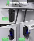 Slick Drop Down Biometric Gun Safe Featuring Lcd Temperature And Humidity Display For Dead Nuts Secure Handgun Storage Plug And Play Bedside Desk Mount Gotta Have Quick Access Firearm Security shown with three mounting options under a desk.