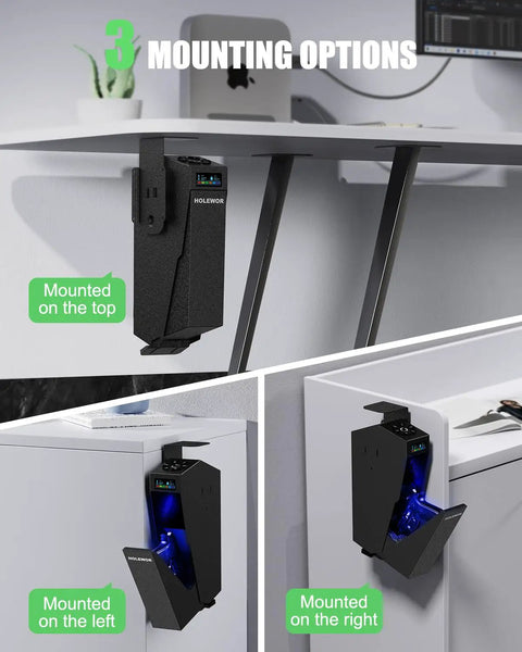 Slick Drop Down Biometric Gun Safe Featuring Lcd Temperature And Humidity Display For Dead Nuts Secure Handgun Storage Plug And Play Bedside Desk Mount Gotta Have Quick Access Firearm Security shown with three mounting options under a desk.