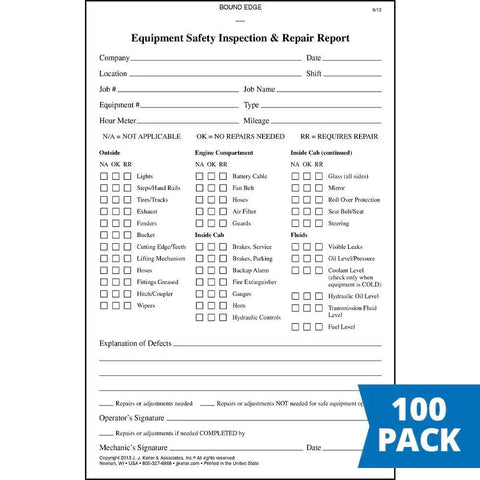 Equipment Safety Inspection Report Book With Thirty Six Point Checklist For Utility Trucks Keeps Your Fleet Road Ready While Tracking Fixes Slick One Hundred Pack Includes Extra Note Space For Fast Daily Setup And No Sweat Maintenance Workflow