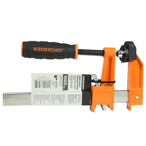 Heavy Duty 6 Inch Steel Bar Clamp for Woodworking and DIY Projects, Orange, Sure Grip Construction, Reaches Up To 3 Inches From Edge To Screw Center, Maximum Opening 6 Inches, Built For Hard Use By Hobbyists And Pros, with label