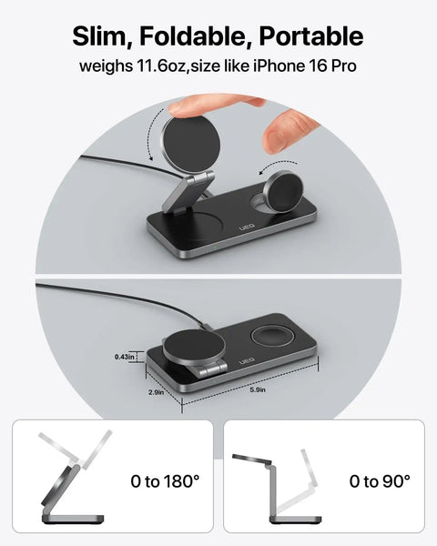 Foldable 3 In 1 Magnetic Wireless Charging Station For Apple MagSafe Charger Stand showing its sleek and compact design.