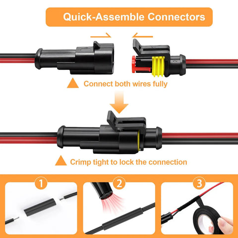 Quick-assemble 2 Pin Waterproof Connectors 14AWG Kit With Male And Female Quick Disconnects for automotive, marine, motorcycle wiring