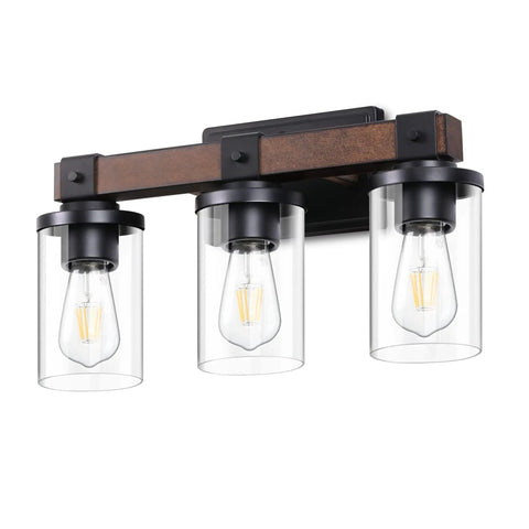 Farmhouse Vanity Lights For Bathroom, 3 Light Wall Sconce Over Mirror With Clear Glass Shades, Vintage Rustic Black Metal Frame