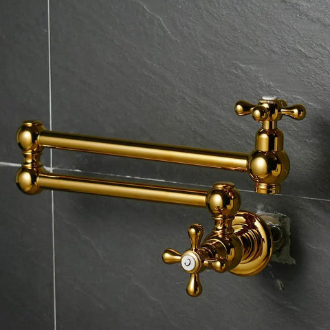 Brass Pot Filler Faucet Wall Mount With Folding Double Joint Swing Arms Titanium Gold Finish Heavy Duty Kitchen Pro Gear