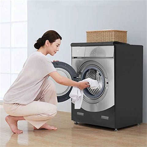 Person using front loading washer and dryer with Heavy Duty Oxford Fabric Waterproof Dustproof Shield Cover, Black 1 Pack.