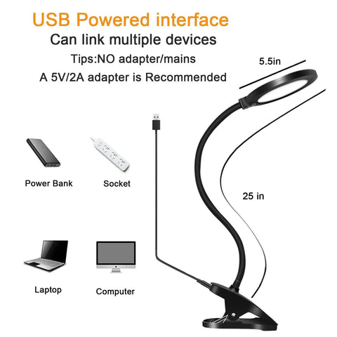 Clamp LED Desk Lamp With Flexible Gooseneck For Tight Corners And Nightstand, USB powered with multiple device compatibility.
