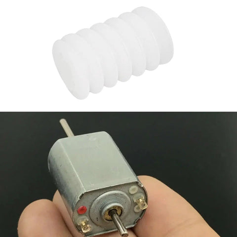 Close-up of a 10mm worm gear alongside a micro motor for 50 Pack 6mm Plastic Cog Gears Set 0.5 Module 10mm Worm Gears For 2mm Motor Shafts Ideal For Micro Motors DIY Projects Robotics Educational Kits Small Transmission Gear Set.