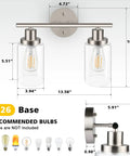 Two Light Vanity Lights Brushed Nickel Wall Sconce With Clear Glass Shade For Modern Bathroom Lighting dimensions and E26 base details