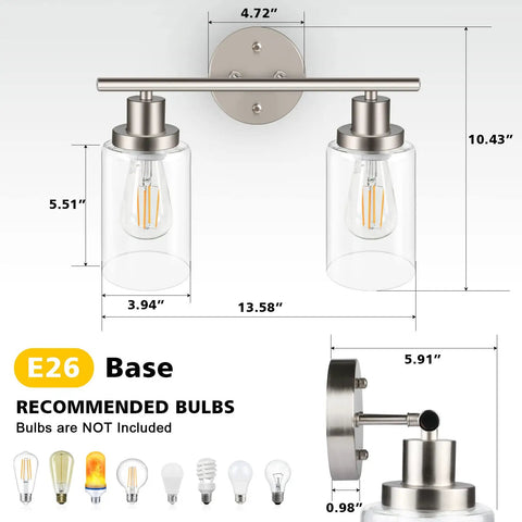 Two Light Vanity Lights Brushed Nickel Wall Sconce With Clear Glass Shade For Modern Bathroom Lighting dimensions and E26 base details