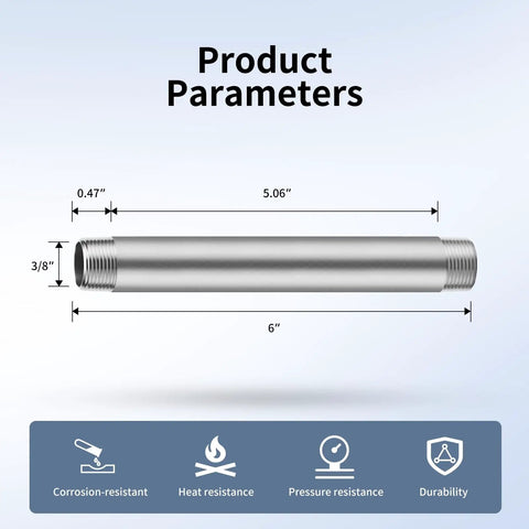 Dimensions of 304 Stainless Steel Pipe Nipple Set Three Eighth NPT Male to Three Eighth NPT Male Heavy Duty SCH40 Pre Cut Six Inch Pipe