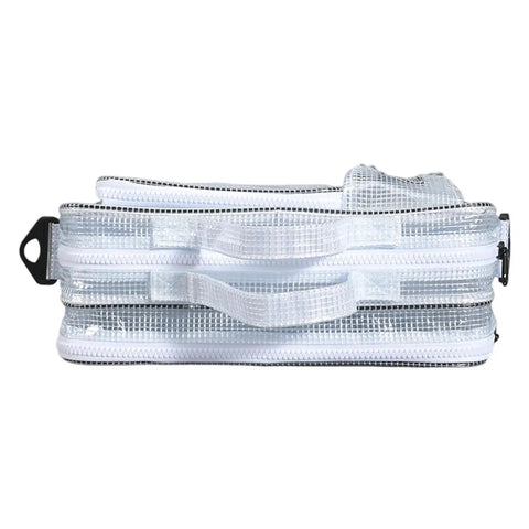 Solid Antistatic Clear Crossbody Bag For Cleanroom Engineers And Electronics Crews Adjustable Shoulder Strap viewed from side angle.