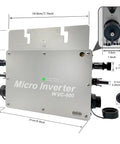 Rock Solid Six Hundred Watt Solar Grid Tie Micro Inverter shown from the front with measurements, IP65 weather sealed design.