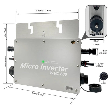 Rock Solid Six Hundred Watt Solar Grid Tie Micro Inverter shown from the front with measurements, IP65 weather sealed design.