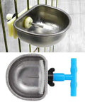 Heavy Duty 304 Stainless Steel Automatic Rabbit Water Feeder With Adjustable Hanging Drinking Bowl For Bunny Guinea Pig Ferret And Rodents showing top and front view with valve.