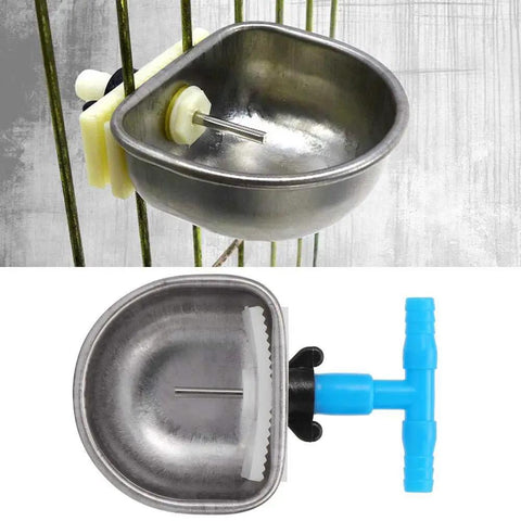Heavy Duty 304 Stainless Steel Automatic Rabbit Water Feeder With Adjustable Hanging Drinking Bowl For Bunny Guinea Pig Ferret And Rodents showing top and front view with valve.