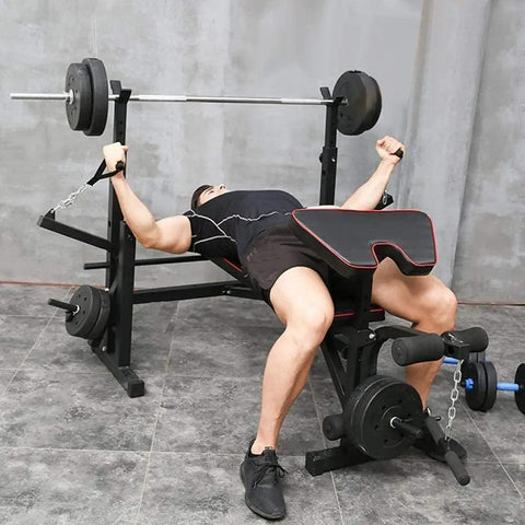 Person using Home Gym Dumbbell Bench Station With Versatile Press Bench, Barbell Rack, And Squat Stand For Core Strength workouts.