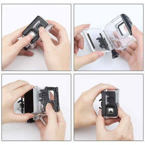 Hands assembling Waterproof Housing Case Only For Go Pro Hero 7 White And Silver Up To 148 Feet (45 Meters) Underwater Dive Case