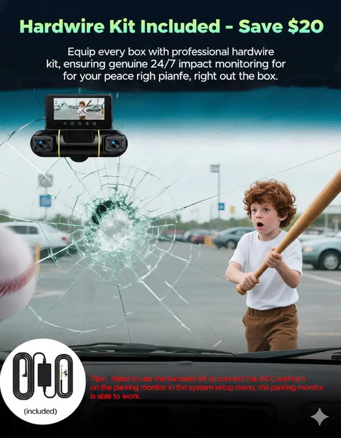 Installation of 360 Degree View 4 Channel Dash Cam For Cars With Front Rear Left And Right Coverage 5G WiFi App Control 8 IR Night Vision 24H Parking Monitor Hardwire Kit G Sensor Included 128GB Card in windshield showcasing hardwire kit use.