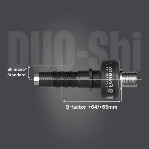 Assioma Duo-Shi IP67 Dual-Sided Power Meter Pedals side view showing Shimano standard compatibility and Q-factor dimensions