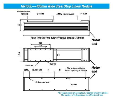 Top Shelf 100mm Wide Aluminum Enclosed Ball Screw Linear Slider With 57 Stepper Motor Driver dimensions and mounting details diagram.