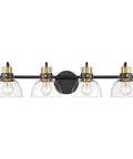 Four Light Bathroom Vanity Wall Sconce Over Mirror With Clear Glass Shades Black Backplate And Brushed Gold Finish