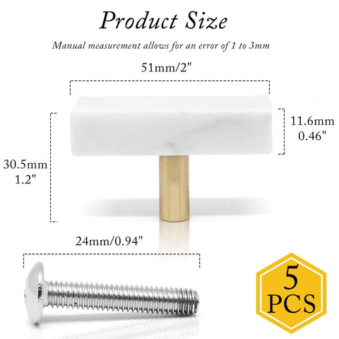 Sweet Finish T-Shaped Marble Cabinet Knobs With Brushed Brass Base, sharp drawer pulls 2 inch white stone with screws included.